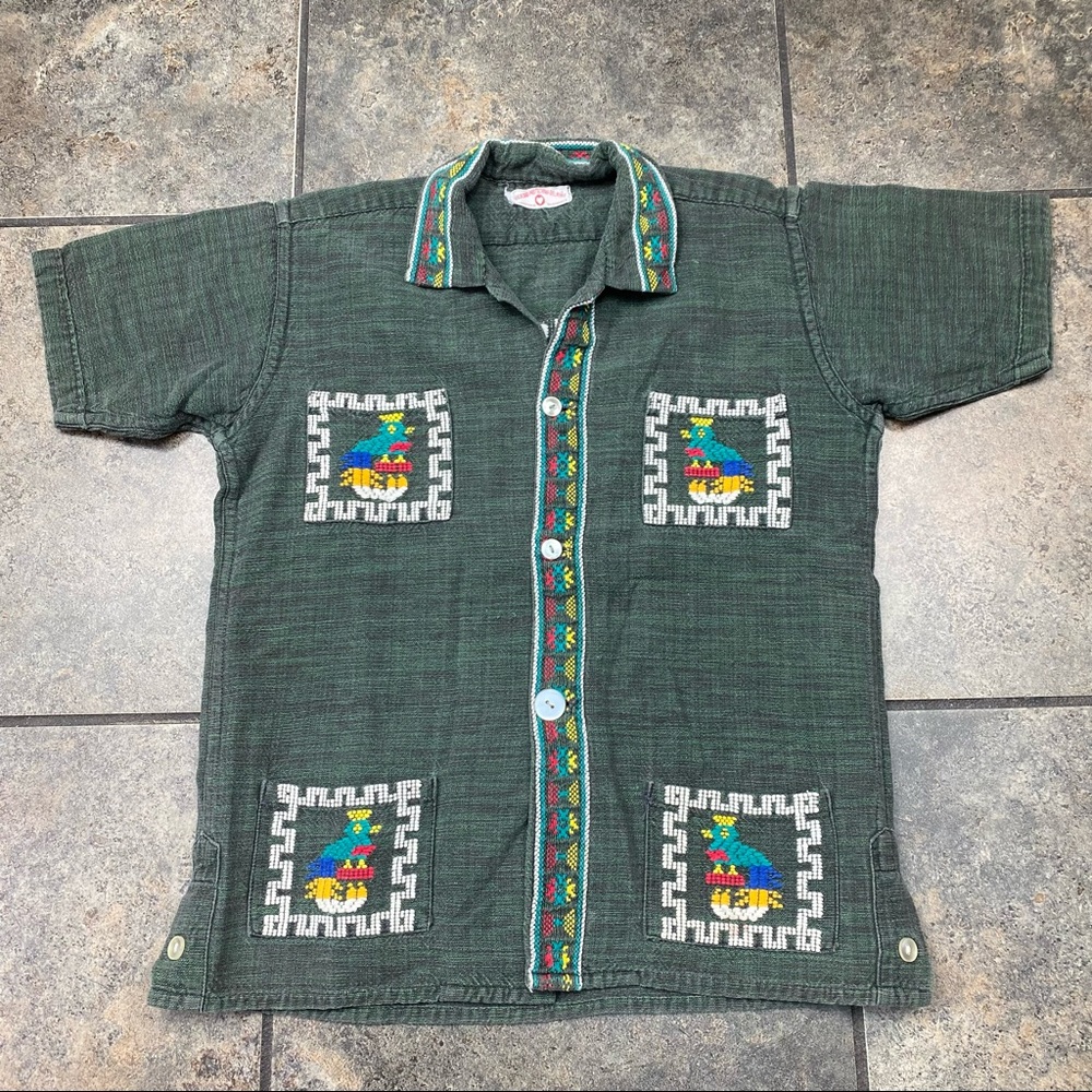 Kid’s VTG 60’s 70’s Hand Woven In Guatemala Embroidered Parrots Shirt Size S/M